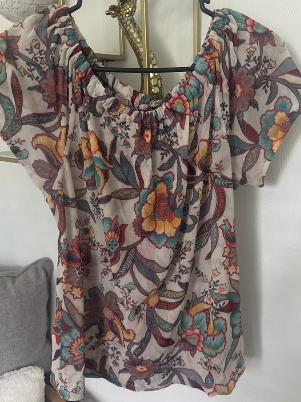 New York & Company Beige Floral Off-Shoulder Top with Teal and Mustard Accents